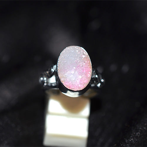 925 Sterling Silver Pink Druzy Scrollwork Ring