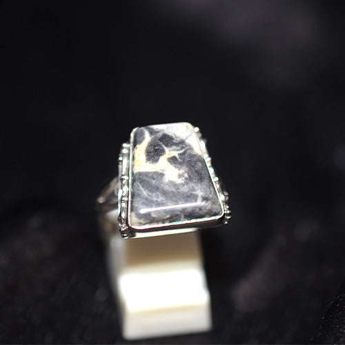 925 Sterling Silver Rectangle White Jasper Ring with Ornate Band