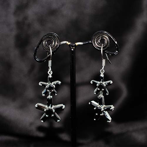 925 Sterling Silver Black Crystal Double Star Drop Earrings