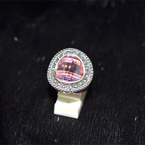 925 Sterling Silver Turkish Trillion-Cut Pink Crystal with Double Marcasite Halo Ring
