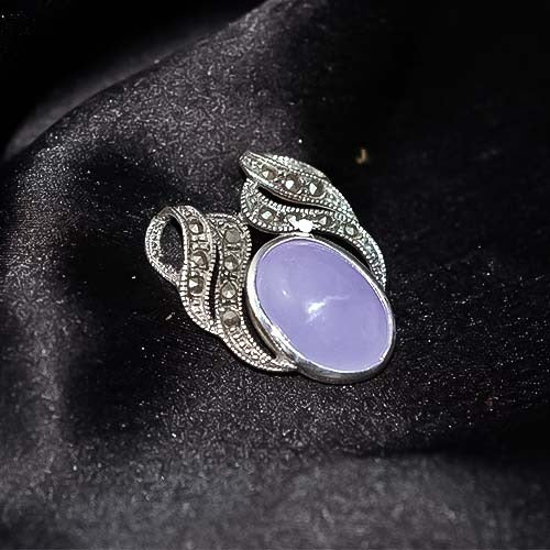 925 Sterling Silver Purple Chalcedony and Marcasite Leaf Pendant