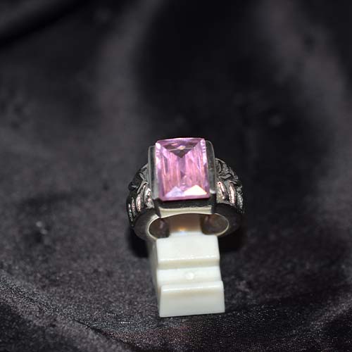 925 Sterling Silver Pink Topaz Engraved Rectangle Ring