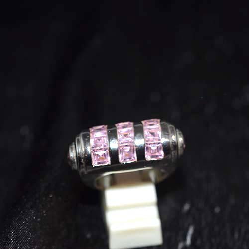 925 Sterling Silver Pink Gemstone Triple Row Design Ring