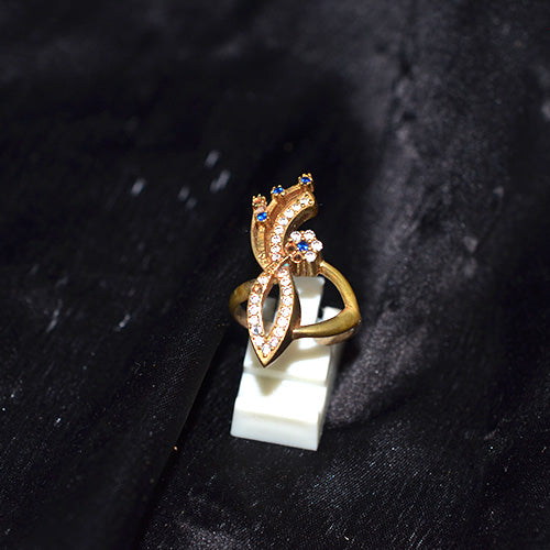 6 Carat Gold Plated Turkish Blue Cubic Zirconia Leaf Design Ring