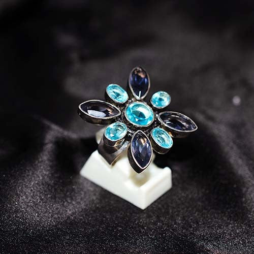 925 Sterling Silver Blue Topaz Floral Ring