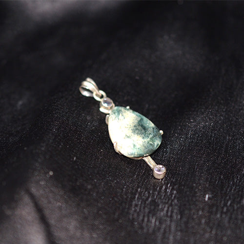 925 Sterling Silver Teardrop Moss Agate and Amethyst Pendant