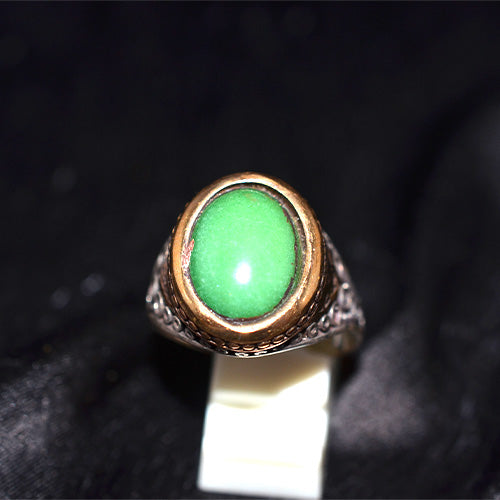 6 Carat Gold Plated Turkish Green Onyx Engraved Motif Ring
