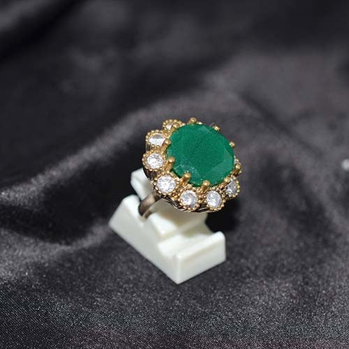 6 Carat Gold Plated Green Onyx Floral Halo Ring