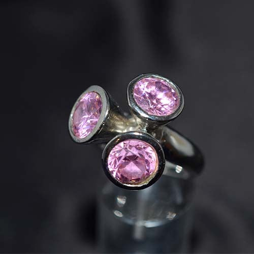 925 Sterling Silver Triple Pink Crystal Modern Ring