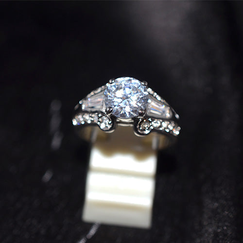 925 Sterling Silver Black Rhodium Round and Baguette Cubic Zirconia Scroll Ring