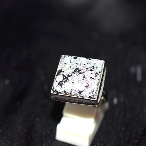 925 Sterling Silver Square Pink Speckled Granite Ring