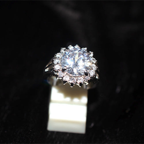 925 Sterling Silver Round Cubic Zirconia Flower Halo Split Shank Ring