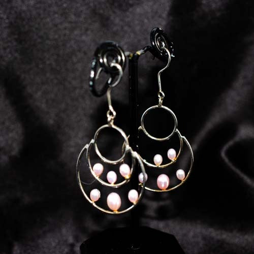 925 Sterling Silver Pink Pearl Multi-Hoop Drop Earrings
