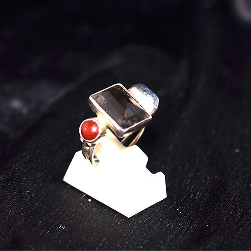 925 Sterling Silver Rectangular Smoky Quartz and Red Coral Ring