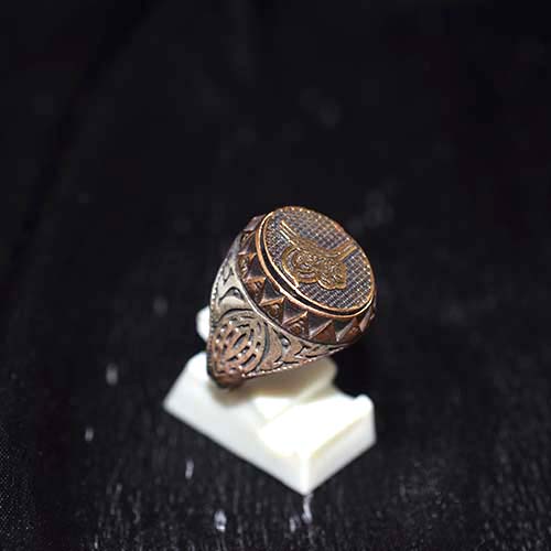 925 Sterling Silver Two-Tone Ottoman Tughra Signet Ring with Triangular Pattern Bezel