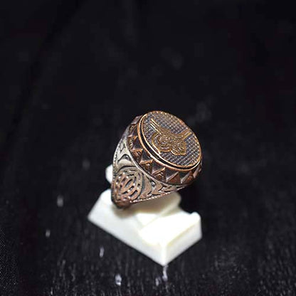 925 Sterling Silver Two-Tone Ottoman Tughra Signet Ring with Triangular Pattern Bezel