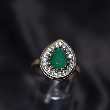 6 Carat Gold Plated Green and White Teardrop Halo Ring