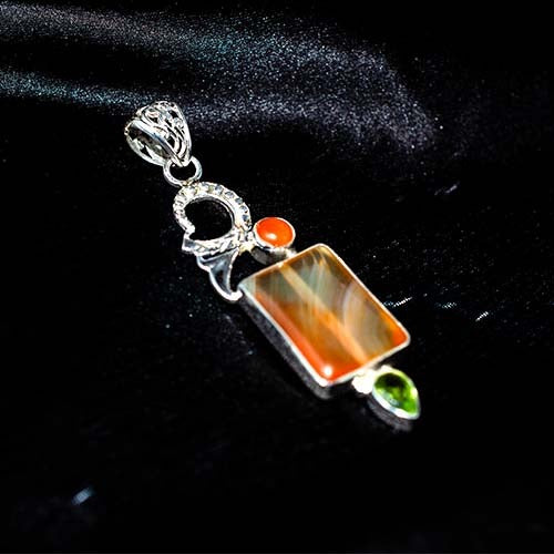 925 Sterling Silver Banded Agate Multi-Gemstone Abstract Pendant