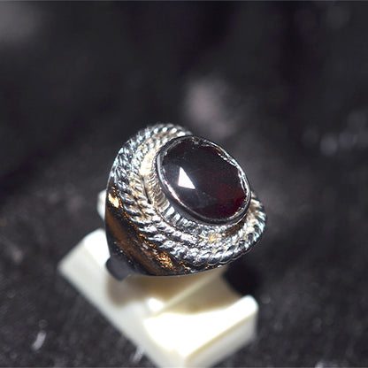 925 Sterling Silver Oval Garnet Turkish Ring with Double Rope Bezel