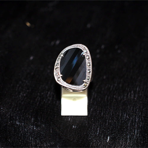 925 Sterling Silver Turkish Onyx and Marcasite Shield Ring