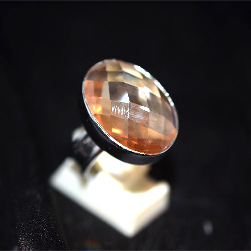 925 Sterling Silver Round Checkerboard Peach Quartz Wide Band Ring