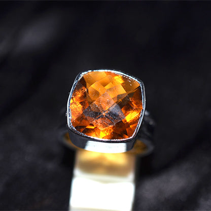 925 Sterling Silver Cushion Cut Citrine Ring