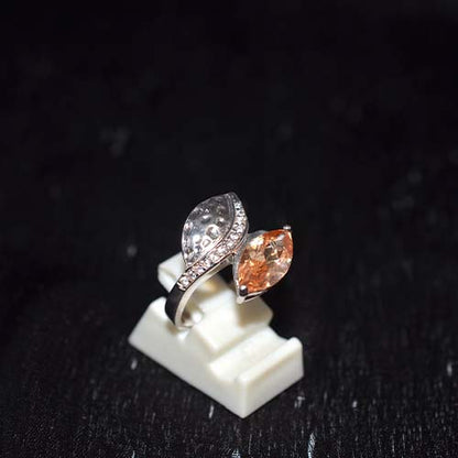 925 Sterling Silver Champagne and White CZ Leaf Bypass Ring