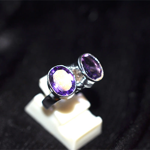 925 Sterling Silver Double Amethyst Open Ring