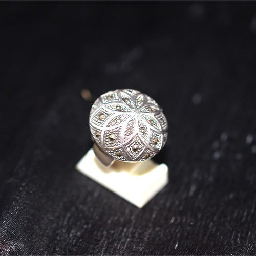 925 Sterling Silver Turkish Marcasite Floral Dome Ring