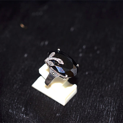 925 Sterling Silver Turkish Black Onyx Ring with Marcasite Leaf Accent