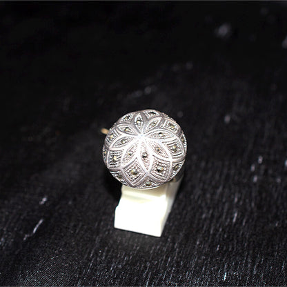 925 Sterling Silver Turkish Marcasite Floral Dome Ring