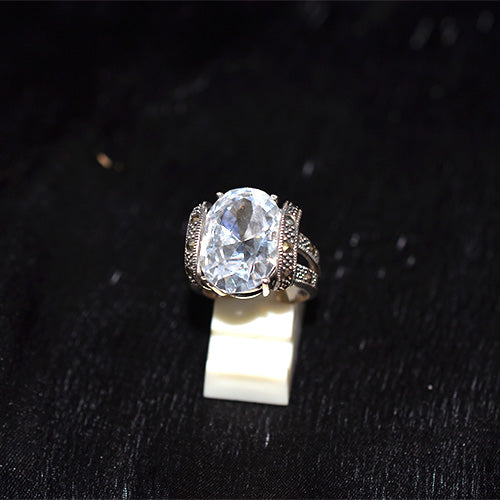 925 Sterling Silver Turkish Large Oval Crystal and Marcasite Bypass Ring