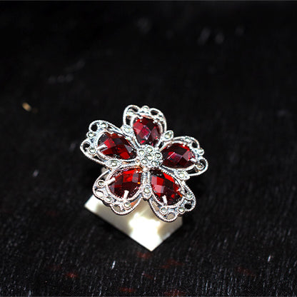 925 Sterling Silver Turkish Red Garnet and Marcasite Filigree Flower Ring