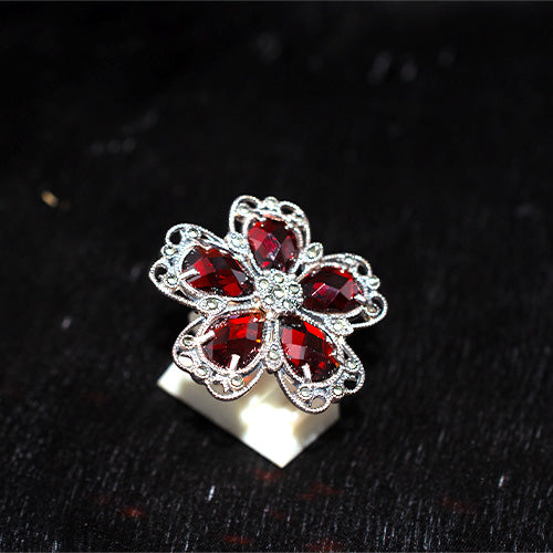 925 Sterling Silver Turkish Red Garnet and Marcasite Filigree Flower Ring