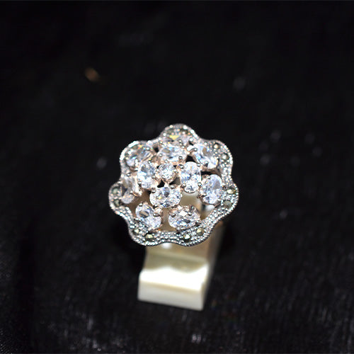 925 Sterling Silver Turkish Crystal Cluster Ring with Scalloped Marcasite Border