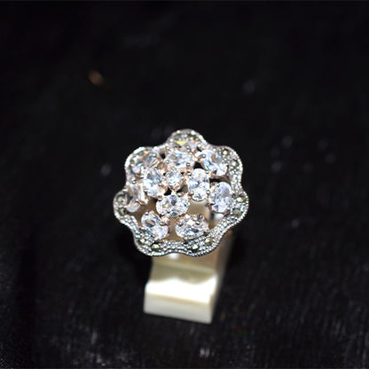 925 Sterling Silver Turkish Crystal Cluster Ring with Scalloped Marcasite Border