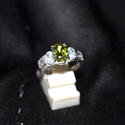 925 Sterling Silver Olive Green Cubic Zirconia Three Stone Ring
