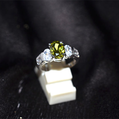 925 Sterling Silver Olive Green Cubic Zirconia Three Stone Ring