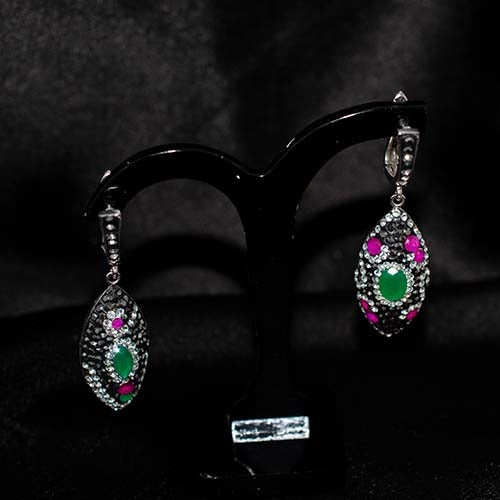 925 Sterling Silver Emerald & Ruby Marquise Drop Earrings