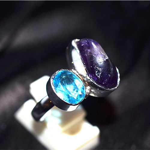 925 Sterling Silver Dual Stone Amethyst Blue Topaz Ring