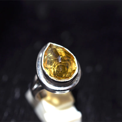 925 Sterling Silver Pear Cut Citrine Double Bezel Ring