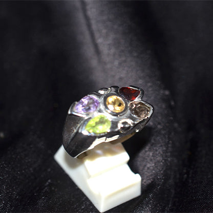 925 Sterling Silver Mixed Cut Multi Gemstone Cluster Ring