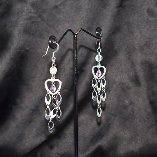 925 Sterling Silver Purple Gemstone Heart Chandelier Earrings