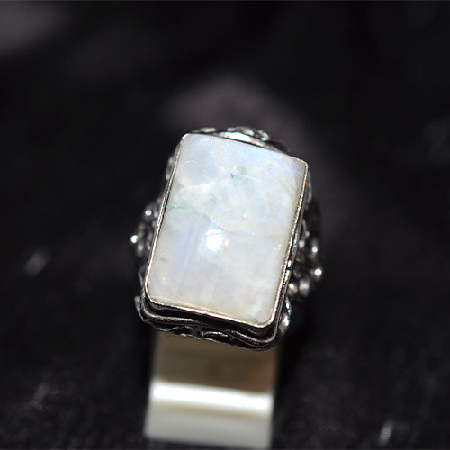 925 Sterling Silver Rectangle Rainbow Moonstone Turkish Ring with Textured Band