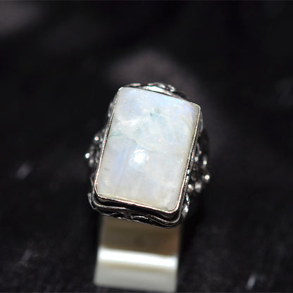 925 Sterling Silver Rectangle Rainbow Moonstone Turkish Ring with Textured Band