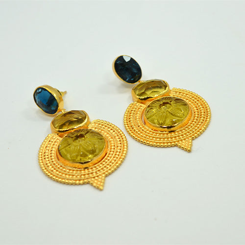 6 Carat Gold Plated Yellow and Blue Gemstone Circular Motif Drop Earrings