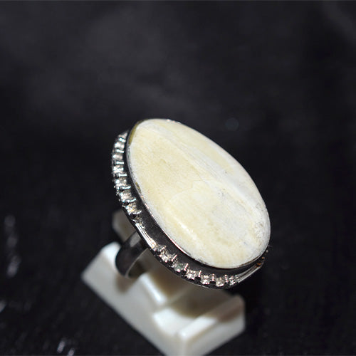 925 Sterling Silver Oval Fossil Coral Ring with Serrated Bezel