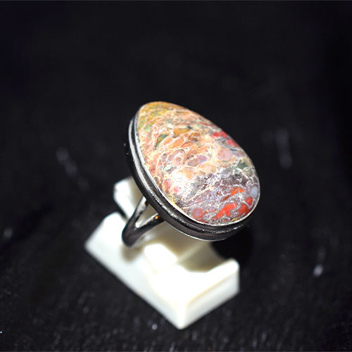 925 Sterling Silver Oval Multicolor Agate Pattern Ring