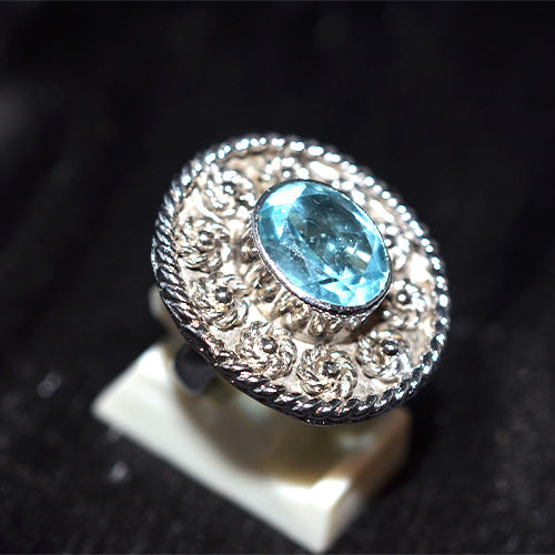 925 Sterling Silver Blue Topaz Floral Turkish Ring