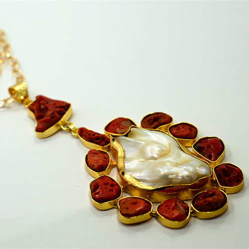 6 Carat Gold Plated Red Coral and Pearl Floral Pendant Necklace